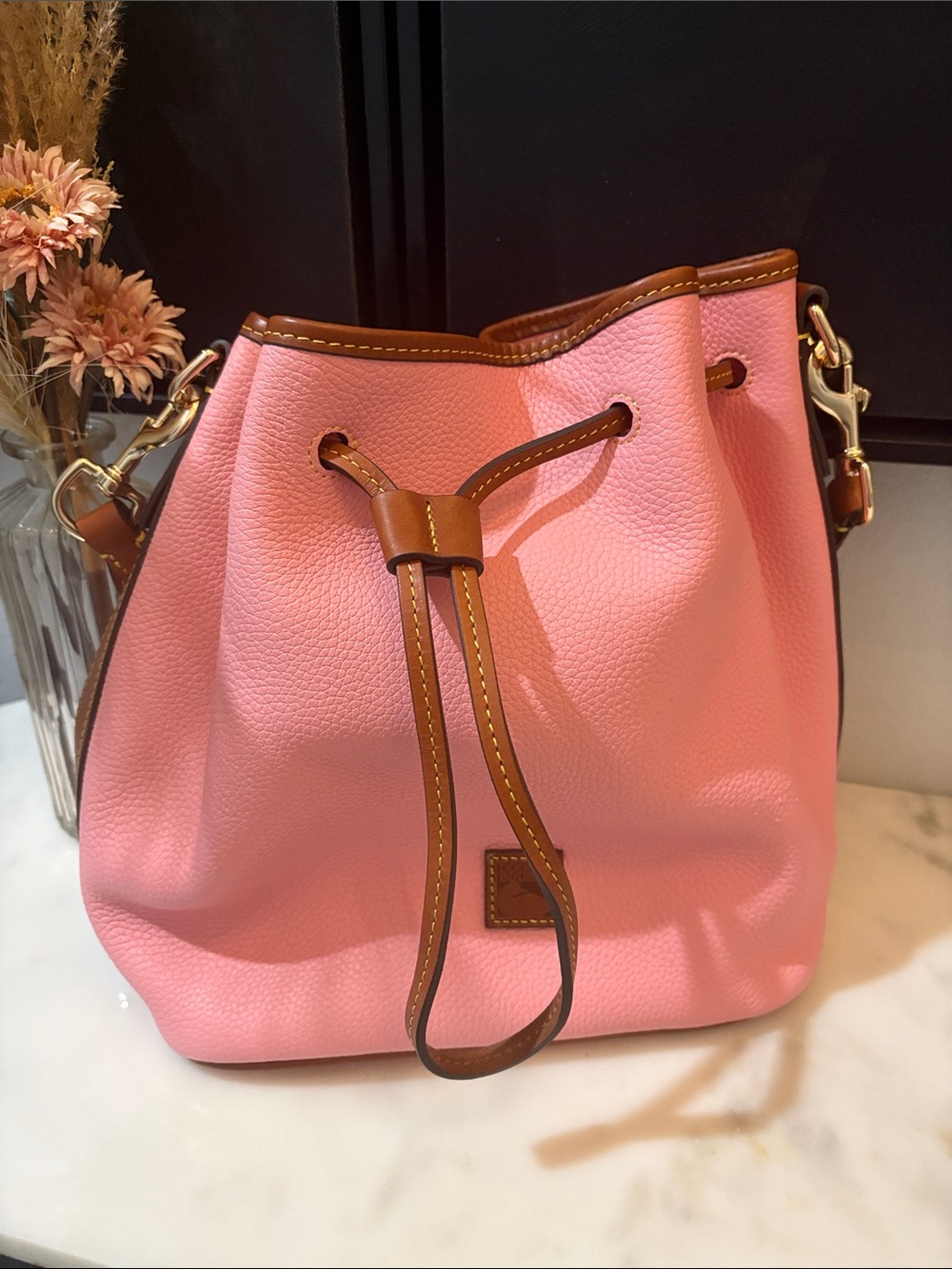 Dooney & Bourke Pink Pebble Leather Drawstring Bucket Bag with Brown Trim